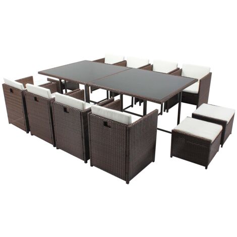 Concept-Usine – Ensemble table et chaises de jardin 12 places – Résine tressée marron et blanche – Plateau en verre amovible – Coussins déhoussables imperméables (1/5)