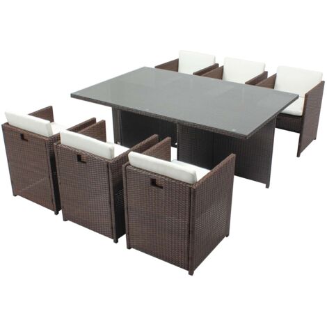 Concept-Usine – Ensemble de jardin 6 places – Table carrée en résine tressée marron avec plateau en verre – 6 fauteuils empilables avec coussins déperlant (1/5)