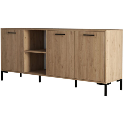 Buffet 3 portes et 2 niches finition bois et métal noir 180x80cm AURA (1/5)