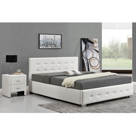 Lit Newington - Structure de lit capitonnée Blanc avec coffre de rangement intégré - 160x200 cm - Blanc