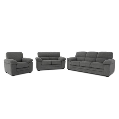 Concept-Usine – Canapé 3 places + 2 places + fauteuil en velours côtelé gris foncé – Fixe droit – Cadre en bois – Coussins déhoussables – Dimensions 204x98x100 cm