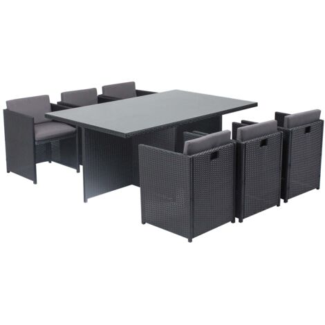 Concept-Usine – Ensemble de jardin 6 places en résine tressée noire – Table carrée 180x115cm avec plateau en verre – 6 fauteuils empilables avec coussins déhoussables (1/5)