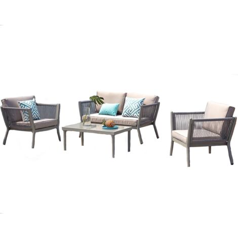 Concept-Usine – Salon de jardin 4 places en aluminium et cordes de résine – Table rectangulaire avec plateau en verre trempé – Coussins déhoussables écrus (1/5)