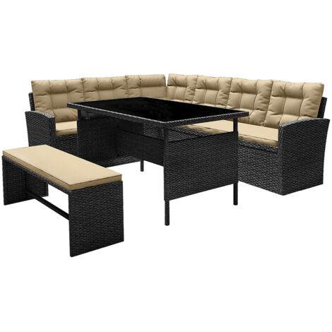 Concept-Usine – Ensemble table et chaise de jardin 8 places – Résine tressée gris foncé et beige – Table rectangulaire avec verre trempé 5mm