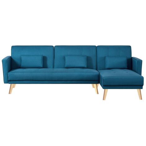 Concept-Usine – Canapé d'angle convertible 4 places en tissu polyester bleu canard – Angle réversible – Coussins inclus – Structure bois massif (1/5)