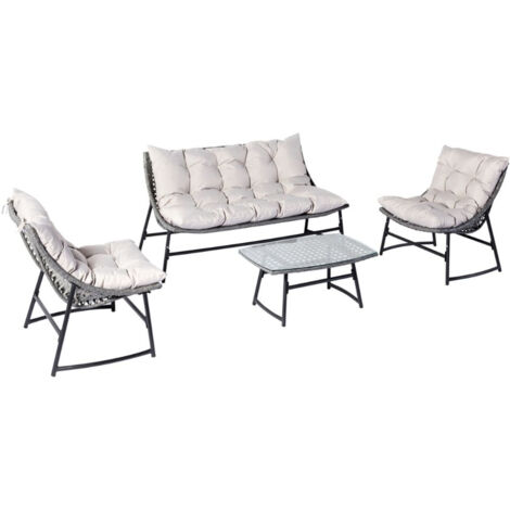 Concept-Usine – Salon de jardin bas 4 places en résine aspect rotin – Plateau en verre trempé – Dimensions 323x167x85 cm – Pour espaces extérieurs modernes