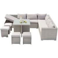 Concept-Usine – Salon de jardin encastrable 10 places en résine tressée gris – Table carrée 85x85cm avec plateau en verre – 4 poufs avec coussins déhoussables