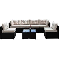 Concept-Usine – Salon de jardin modulable 6 places en résine tressée – Coussins déhoussables beige – Table basse en verre trempé – Dimensions 274 x 137 x 63,5 cm