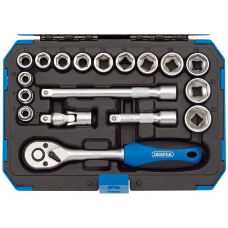 Draper 16359 18 Piece Metric 3/8" Sq Dr Hex Socket + Ratchet & Extension Bar Set