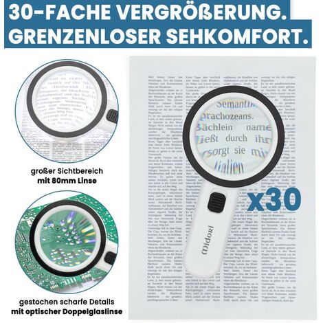 Midori® LED Lupe Leselupe 30-fache Vergrößerung Handlupe 80 mm Linse