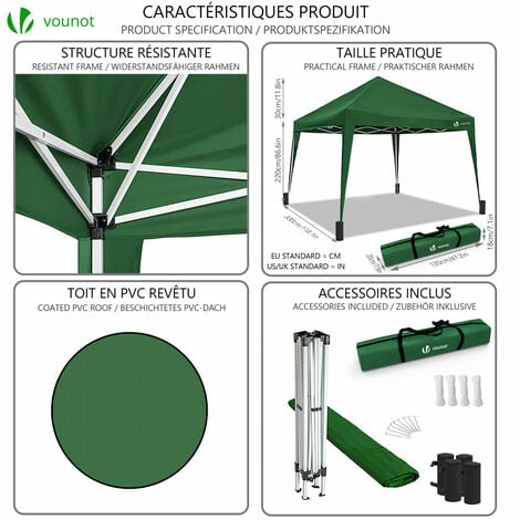 VOUNOT® Tonnelle de jardin 3x3m pliable avec sac de transport vert