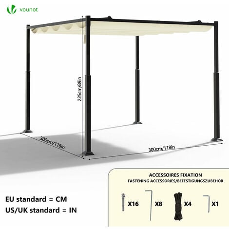 VOUNOT® Pergola rétractable 3x3m en metal et toile polyester haute densite 180 g/m² beige - 3