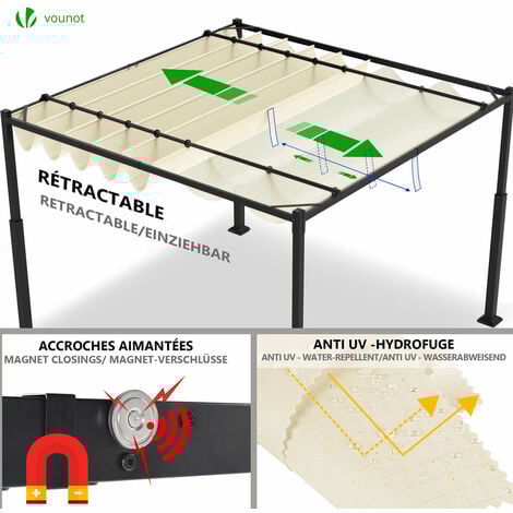 VOUNOT® Pergola rétractable 3x3m en metal et toile polyester haute densite 180 g/m² beige - 4