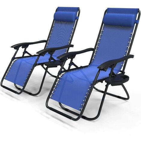 Lot de 2 Chaise longue inclinable en textilene avec porte gobelet et portable bleue