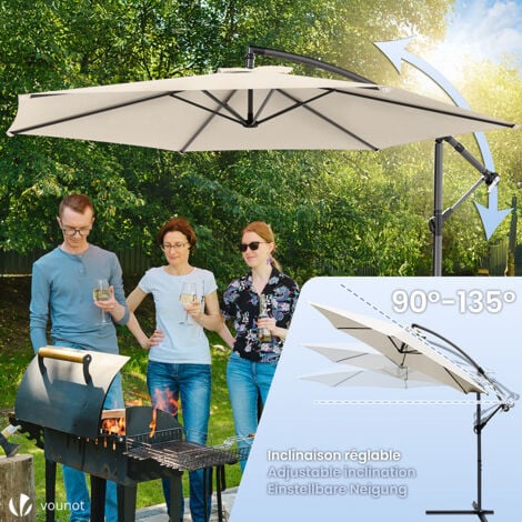 VOUNOT® Parasol déporté inclinable 3M beige avec housse de protection - inclinaison réglable - rotatif 360° - manivelle anti-retour