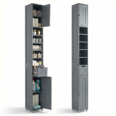Vounot – Colonne de salle de bain 20x20x180cm – Meuble rangement avec 5 étagères réglables, 1 tiroir et 2 armoires à portes – MDF imperméable – Gris