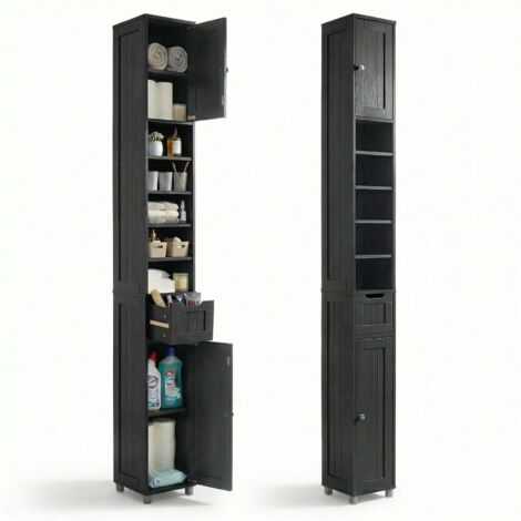 Vounot – Colonne de salle de bain 20x20x180cm – Meuble rangement MDF noir avec 5 étagères réglables, tiroir et 2 armoires à portes – Design moderne