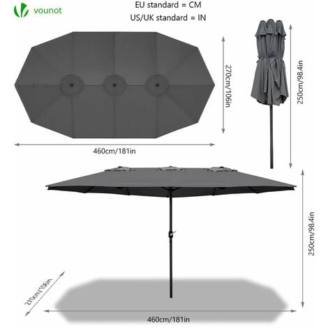 VOUNOT® Parasol de Jardin Double en Aluminium 270 x 460 cm Gris