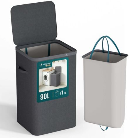 Panier a linge 1 compartiment et sac amovible auto ajustant avec couvercle 90L Anthracite