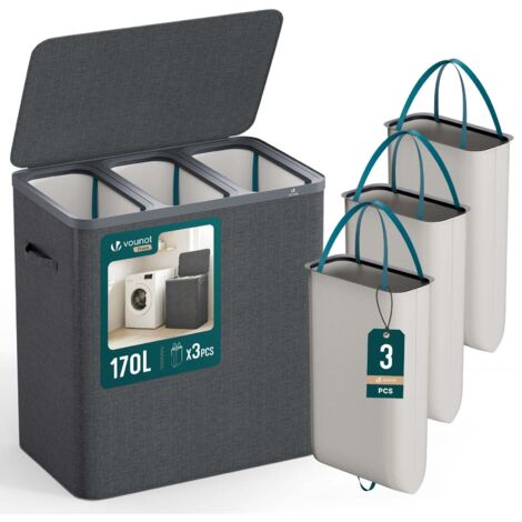 Panier a linge 3 compartiments et sacs amovibles auto ajustant avec couvercle 170L Anthracite