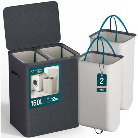Panier a linge 2 compartiments et sacs amovibles auto ajustant avec couvercle 150L Anthracite