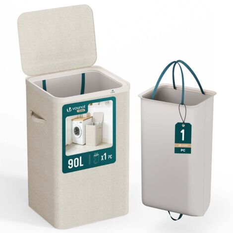 Panier a linge 1 compartiment et sac amovible auto ajustant avec couvercle 90L Beige
