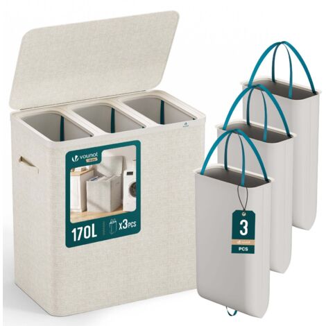 Panier a linge 3 compartiments et sacs amovibles auto ajustant avec couvercle 170L Beige