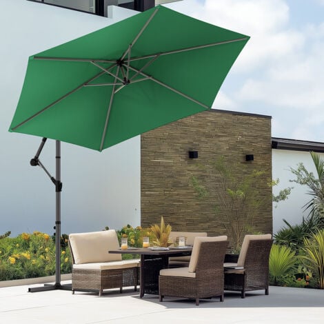 VOUNOT® Parasol déporté inclinable 3M vert avec housse de protection - inclinaison réglable - rotatif 360° - manivelle anti-retour