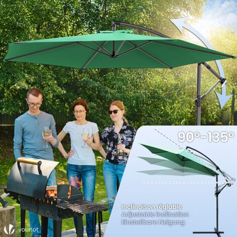 VOUNOT® Parasol déporté inclinable 3M vert avec housse de protection - inclinaison réglable - rotatif 360° - manivelle anti-retour