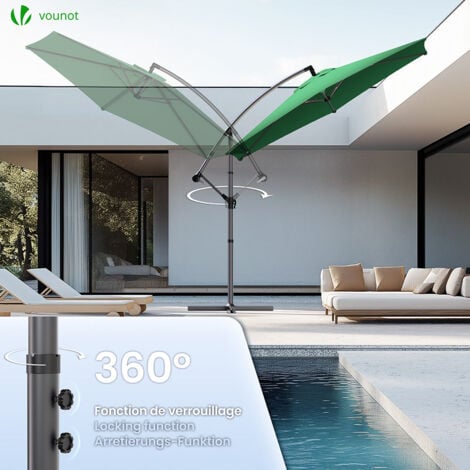 VOUNOT® Parasol déporté inclinable 3M vert avec housse de protection - inclinaison réglable - rotatif 360° - manivelle anti-retour