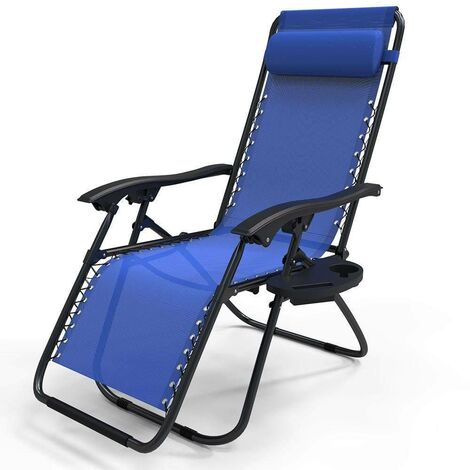 Chaise longue inclinable en textilene avec porte gobelet et portable bleue