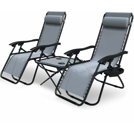 Lot de 2 Chaise longue inclinable en textilene avec table d'appoint porte gobelet et portable gris