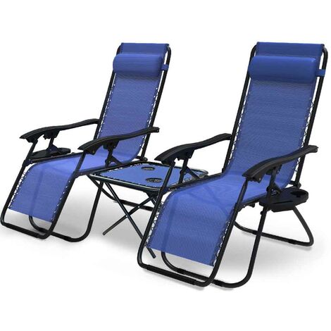 Lot de 2 Chaise longue inclinable en textilene avec table d'appoint porte gobelet et portable bleu