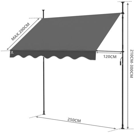 Auvent rétractable manuel sans perçage 250cm gris - Store banne hauteur et inclinaison réglable