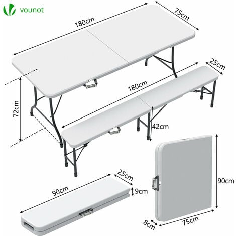 Ensemble de Table et bancs camping pliables 180cm HDPE blanc