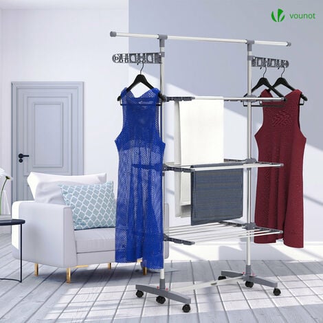 VOUNOT® Séchoir à linge inox robuste 
 pliable - étendoir mobile 3 niveaux - ailes pliables - barre télescopique extensible