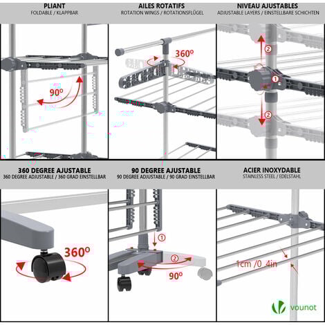 VOUNOT® Séchoir à linge inox robuste 
 pliable - étendoir mobile 3 niveaux - ailes pliables - barre télescopique extensible