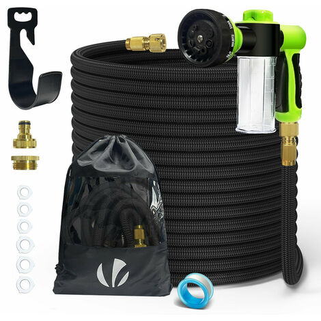 VOUNOT® Tuyau d'arrosage extensible renforcé 30m noir avec récipient savon - 8 modes - raccord et sac de rangement inclus