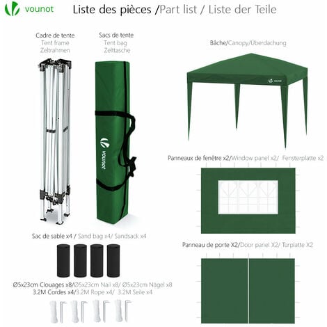 VOUNOT® Tonnelle de jardin 3x3m pliable avec portes et fenêtres et sac de transport vert