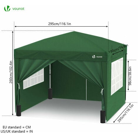VOUNOT® Tonnelle de jardin 3x3m pliable avec portes et fenêtres et sac de transport vert
