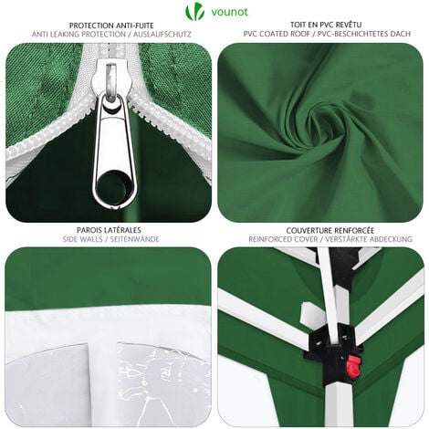 VOUNOT® Tonnelle de jardin 3x3m pliable avec portes et fenêtres et sac de transport vert