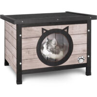 Vounot – Maisonnette pour chat en bois gris – Toit bitumé résistant aux intempéries – Dimensions 57x45x43 cm – Circulation d'air optimale avec lamelles PVC