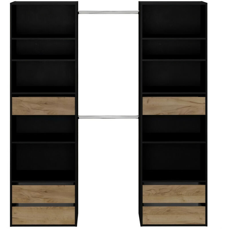 Dressing - COMBI - Noir/Chene rustique - 2 penderies - 6 tiroirs - Grande capacité de rangement