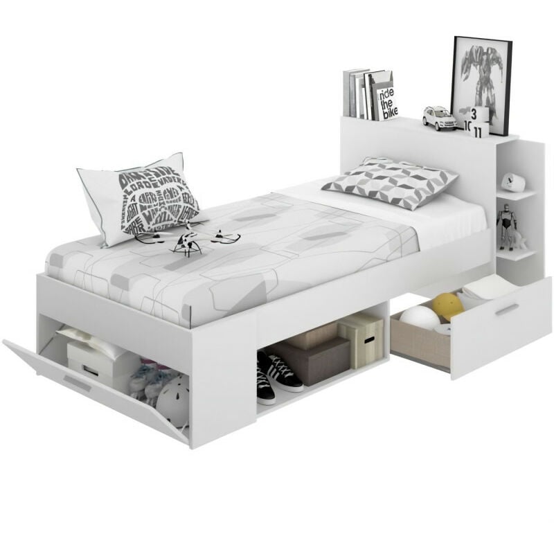 Sax Lit Adulte - 3 Tiroirs + Tete De Lit Avec Rangement - Blanc