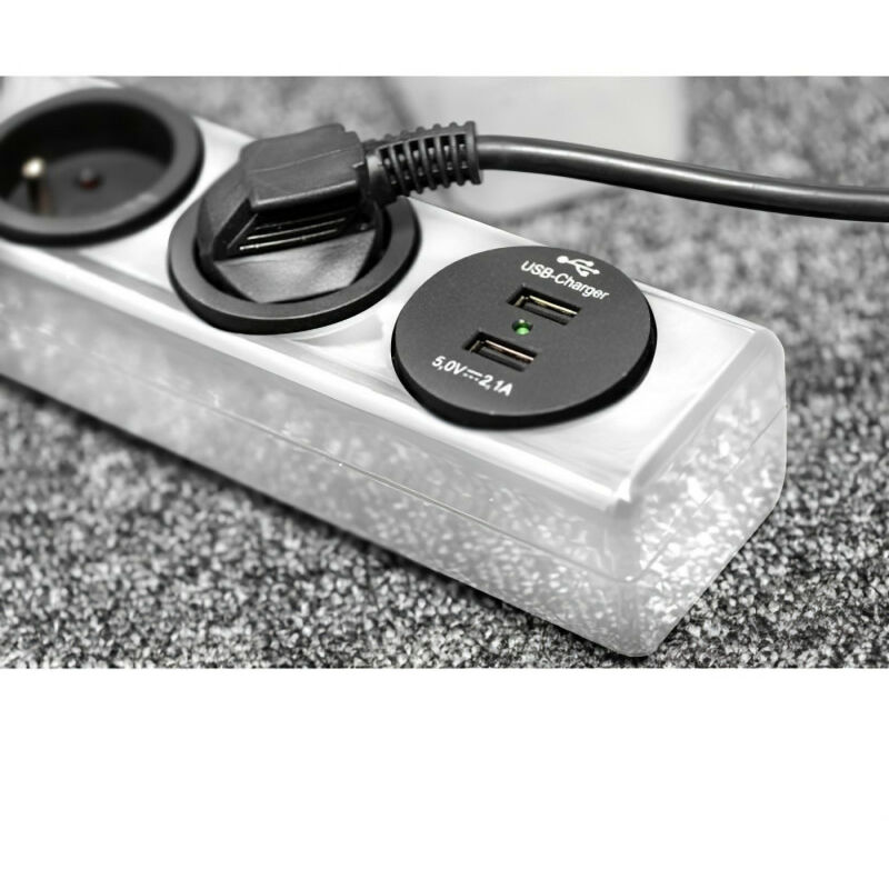 Rallonge multiprises avec parasurtenseur Hugo 3 prises + 2 x USB 2 mètres  noir - Le Temps des Travaux