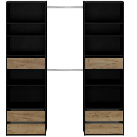 Dressing - COMBI - Noir/Chene rustique - 2 penderies - 6 tiroirs - Grande capacité de rangement