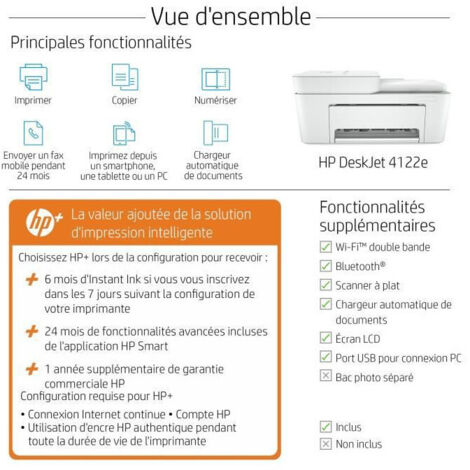 Imprimante HP DeskJet 4120e Tout-en-Un - WiFi, USB, Scanner - 6 Mois Instant Ink Inclus - HP+ Imprimante Jet D'Encre