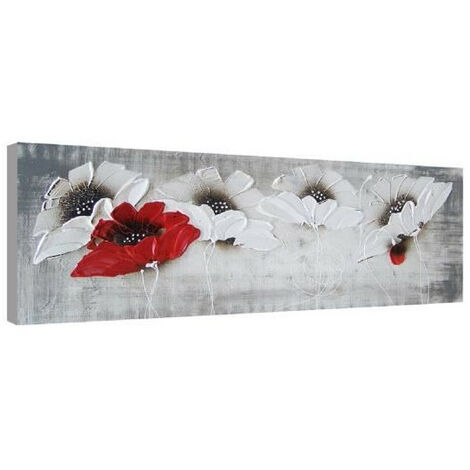 Flowers Tableau Deco Toile Peinte 30x90 Cm Rouge Et Blanc