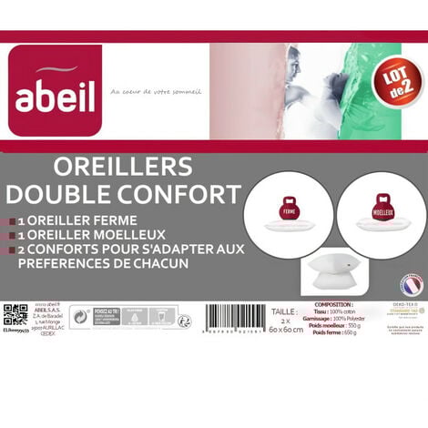 ABEIL Lot de 2 Oreillers DOUBLE CONFORT 100% Coton 60x60cm