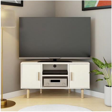 Meubles TV GENERIQUE Meuble TV d'angle LILA - 2 portes - Décor mélaminé  Blanc - Pieds en bois massif - L90 x P35 x H55 cm